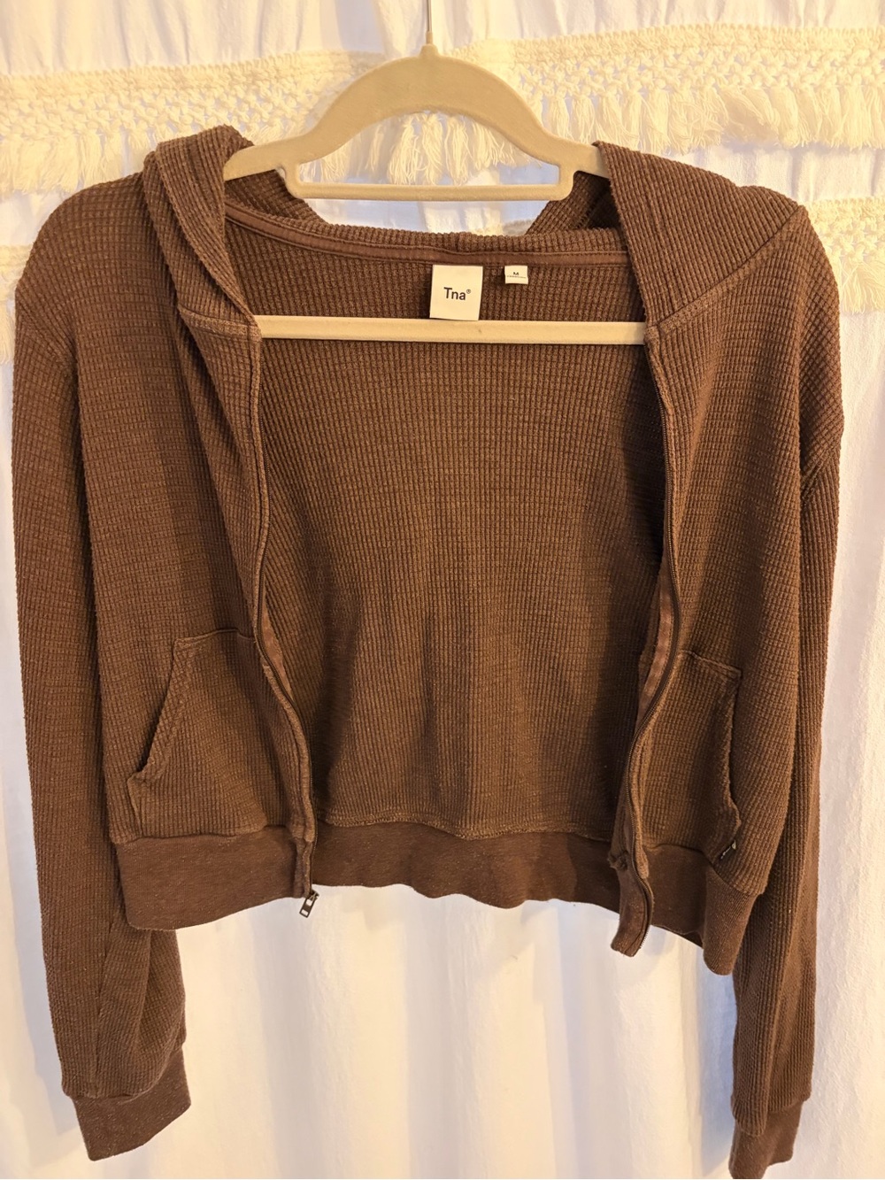 TNA Cropped Waffle-Knit Hoodie in Warm Brown